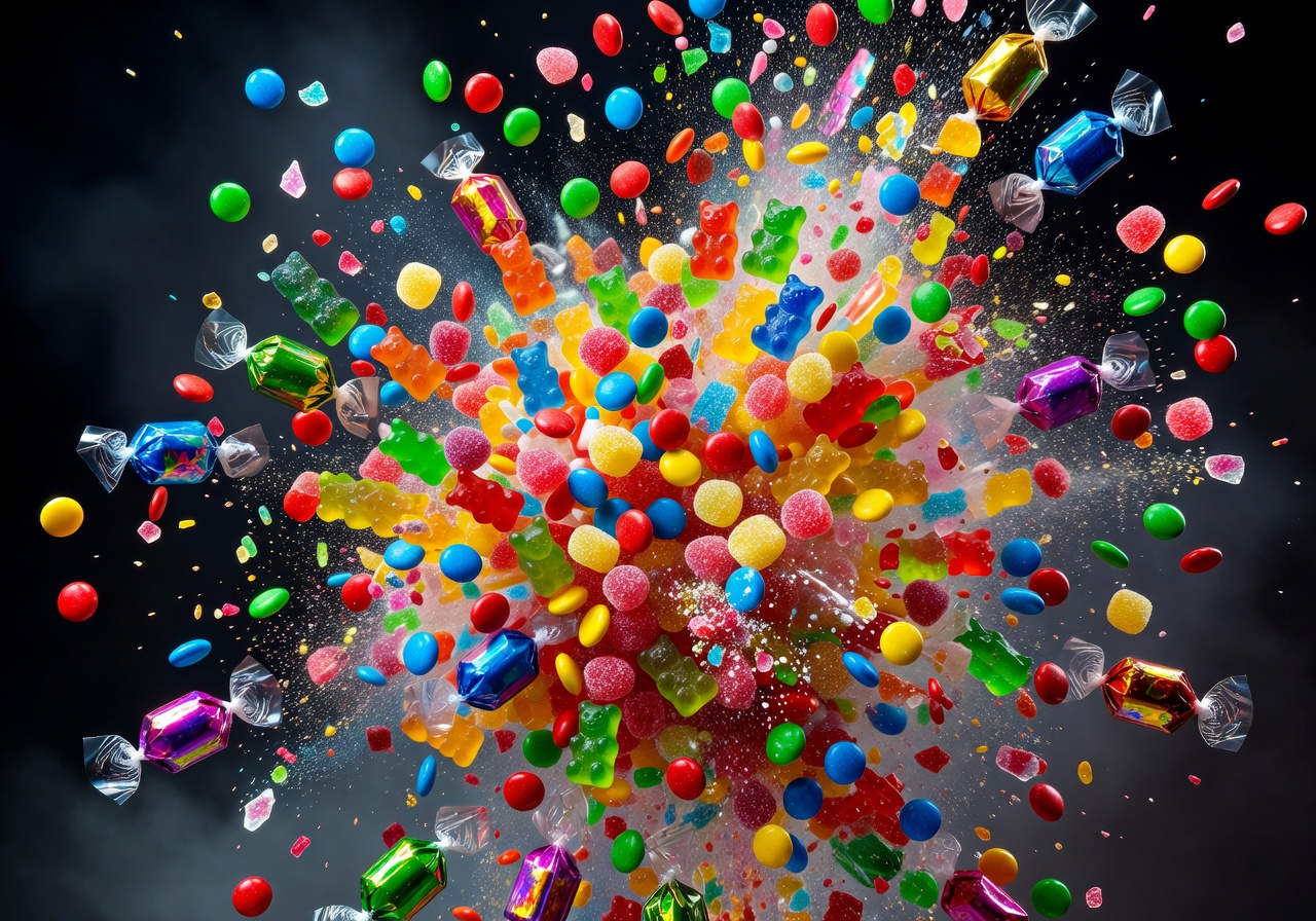 Colorful candy explosion particles representing huge bonuses