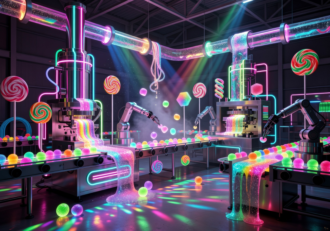 Modern fantasy candy factory with glowing machines producing sweets under neon lighting